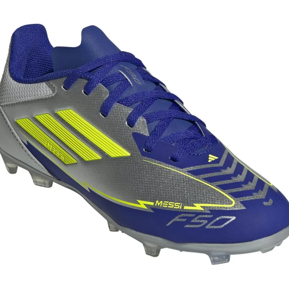 Adidas F50 League Messi FG MG voetbalschoenen junior silver metallic solar yellow lucid blue