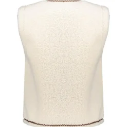 Geisha Teddy Embroidery vest dames off white tape dark brown zigzag