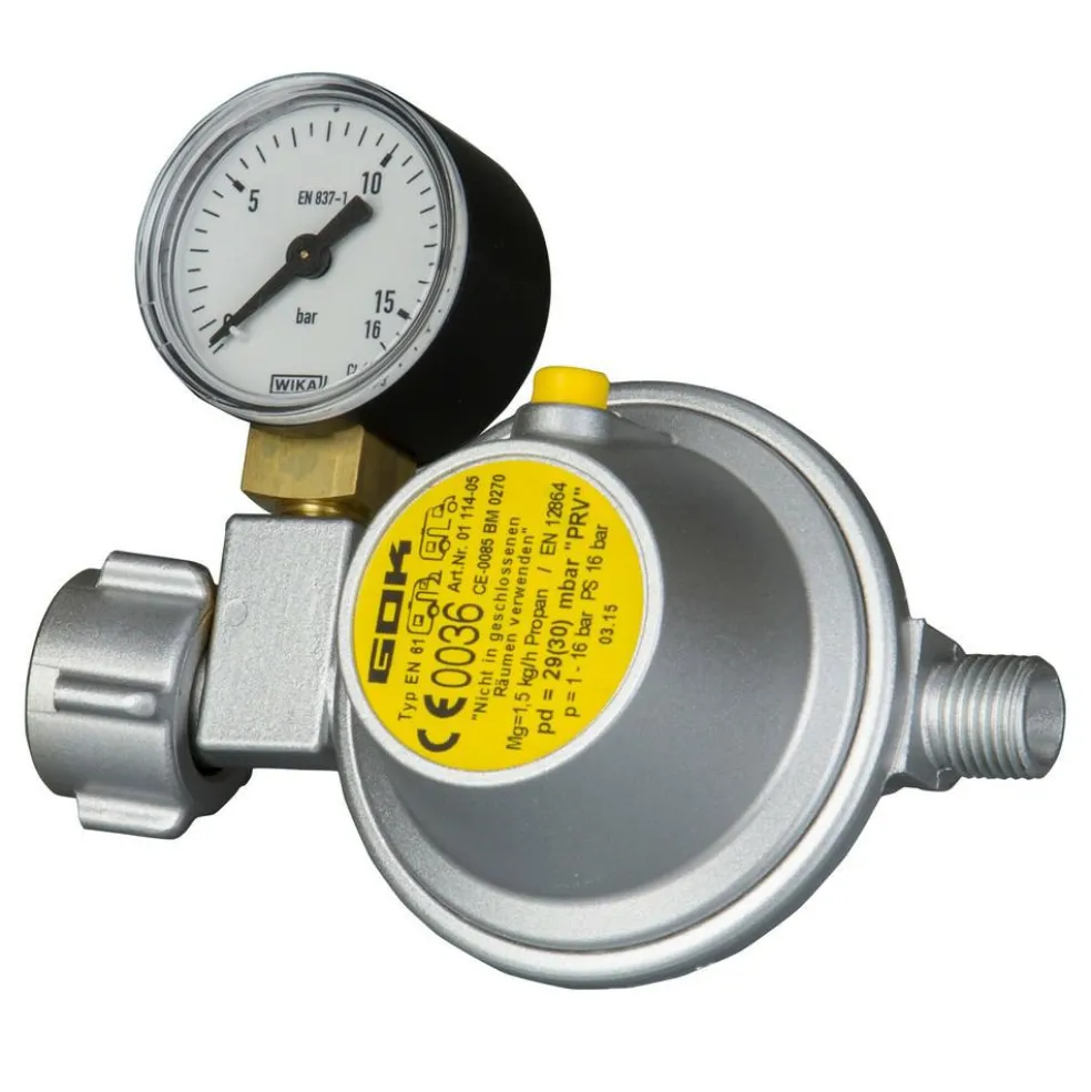GOK Gasdrukregelaar 30 mbar manometer 1/4 linkse aansluiting