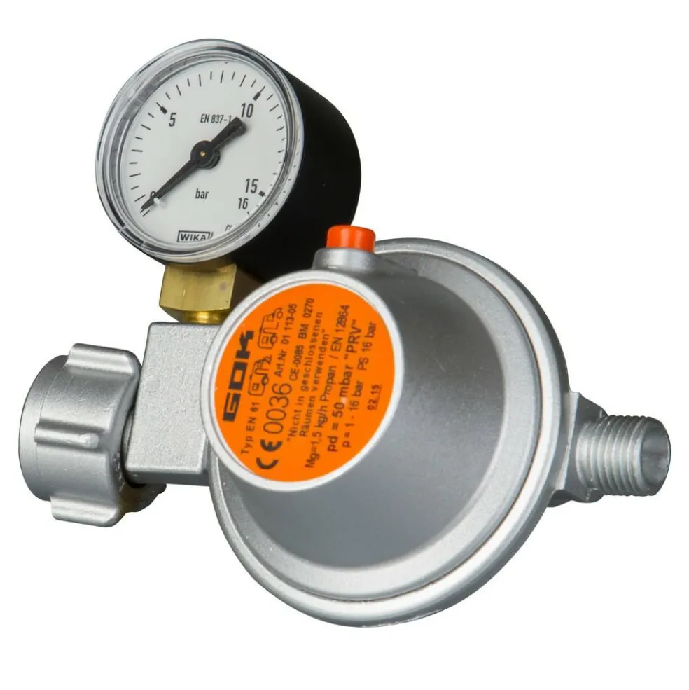 GOK Gasdrukregelaar 50 mbar manometer 1/4 linkse aansluiting