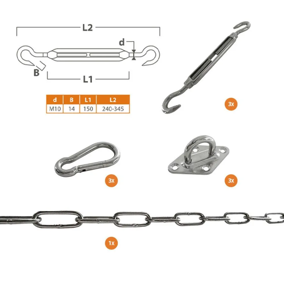 Shadow Comfort Driehoek schaduwdoek M10 RVS bevestiging set